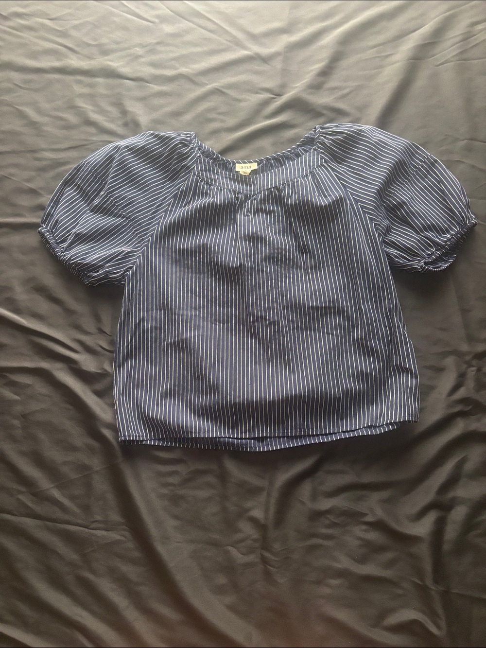 a.n.a Navy and White Striped Puff-Sleeve Blouse